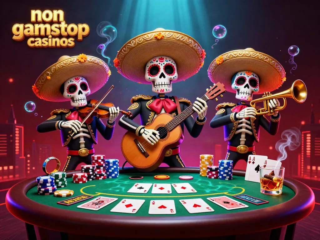 Engaging scene of a mariachi band amidst vibrant non gamstop casinos elements, layered with poker items.
