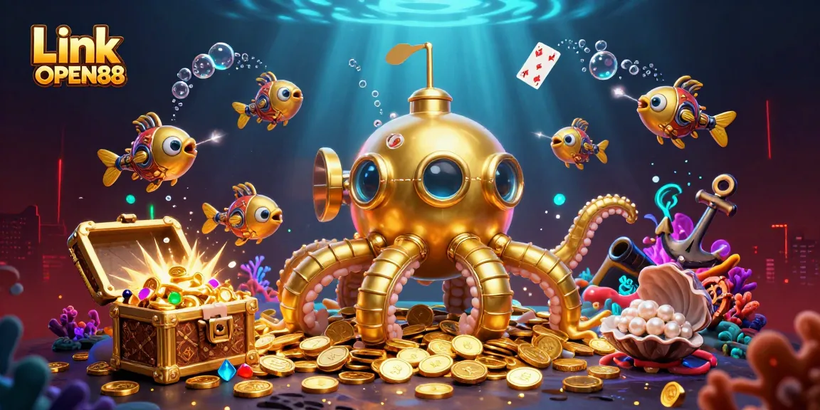 Win big with Link OPEN88 in this vibrant 3D illustration featuring a kraken and treasures.