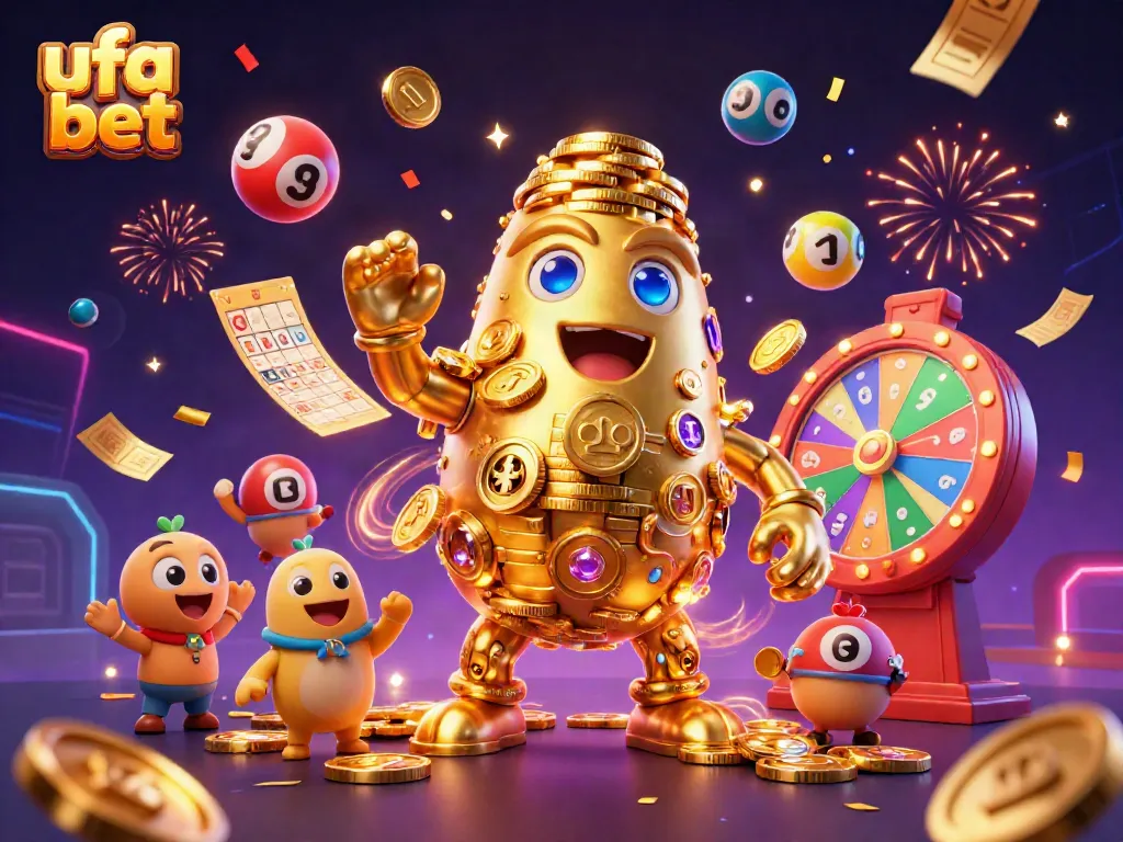 Engage with ufa bet in this lively 3D scene filled with vibrant lottery elements and a golden golem, dynamic betting atmosphere.