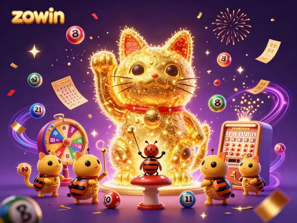 Experience the vibrant energy of zowin's interactive casino themed illustration full of excitement and winning symbols.