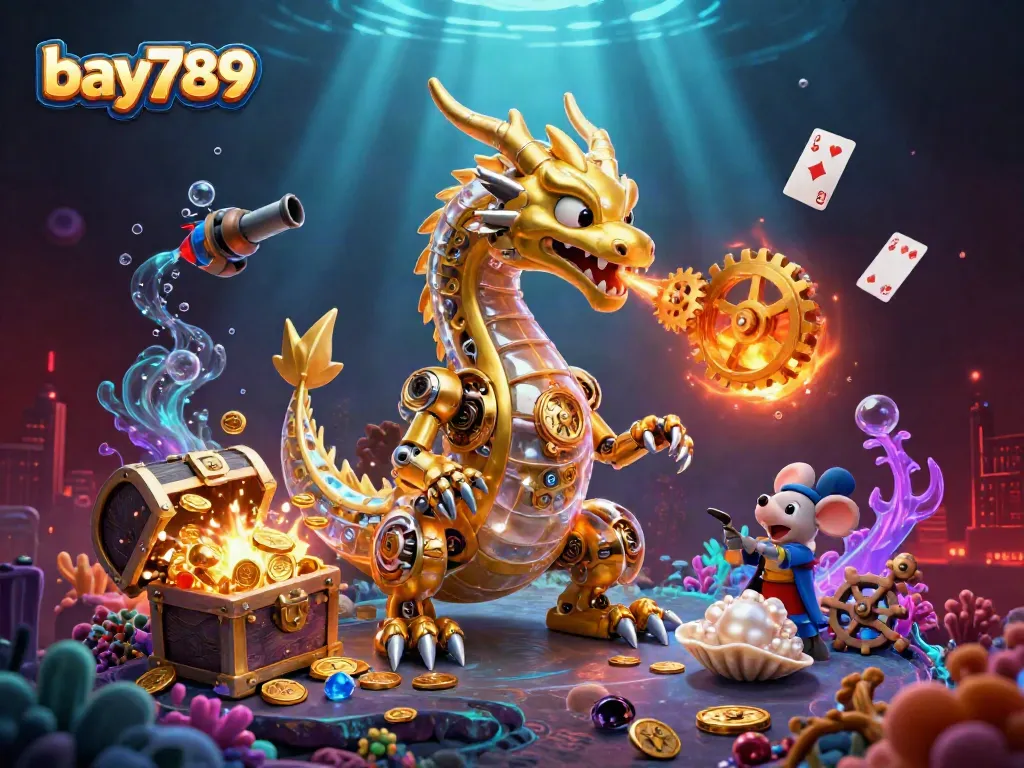 Experience the thrill of bay789 with a golden dragon amidst vibrant gaming elements and treasures.