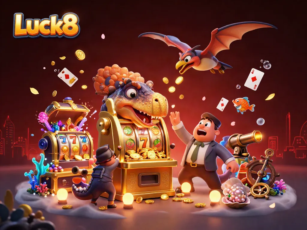 Luck8's vibrant casino scene features an animated dinosaur jackpot celebration with flying coins and games.