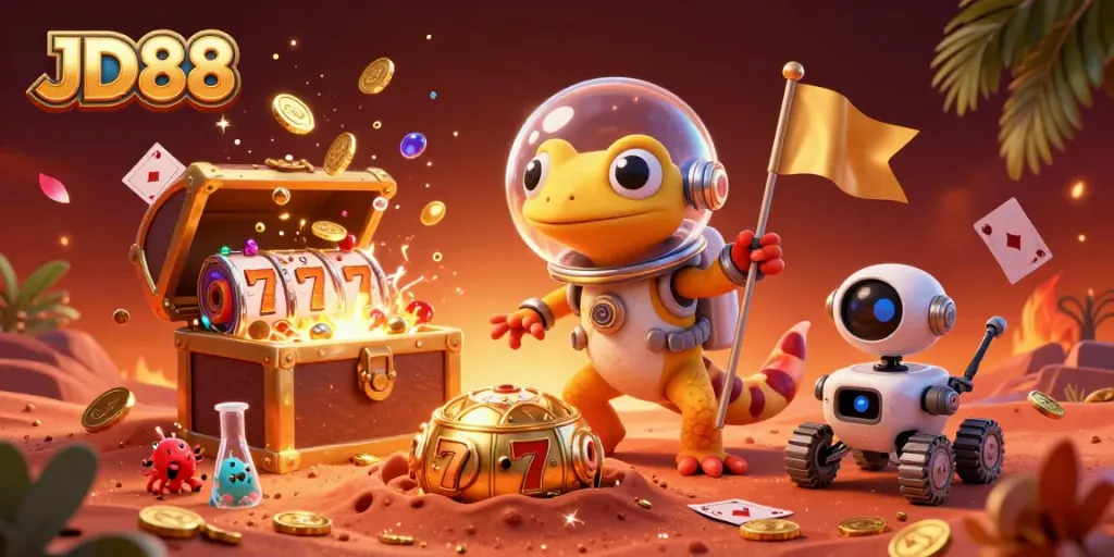 Experience the thrilling JD88 casino adventure with a Martian gecko exploring riches.