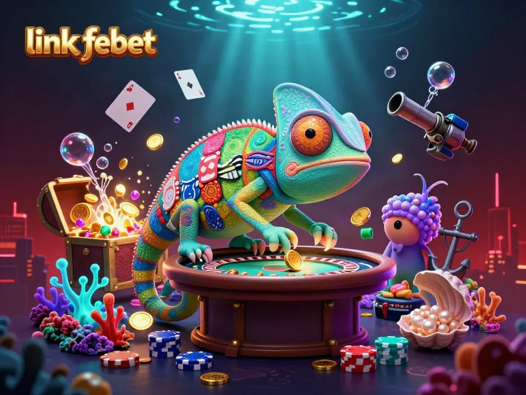 Experience the excitement at link febet with a colorful chameleon casino owner amidst dynamic casino action.