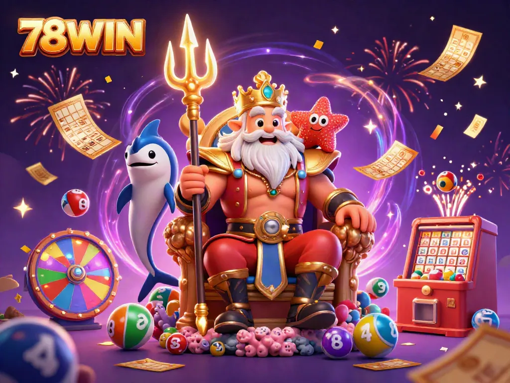 Experience the vibrant jackpot excitement with 78WIN's energetic casino scene featuring Neptune and colorful elements.