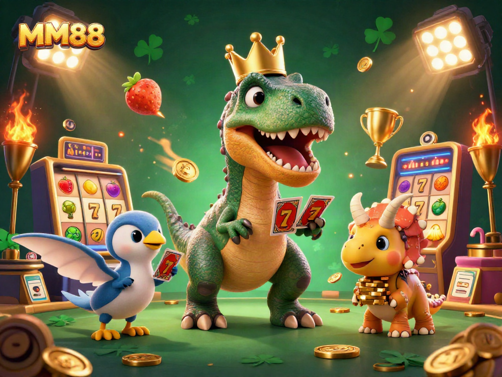 MM88 engages players with a vibrant casino scene featuring a T-Rex and friends shuffling cards and stacking chips.