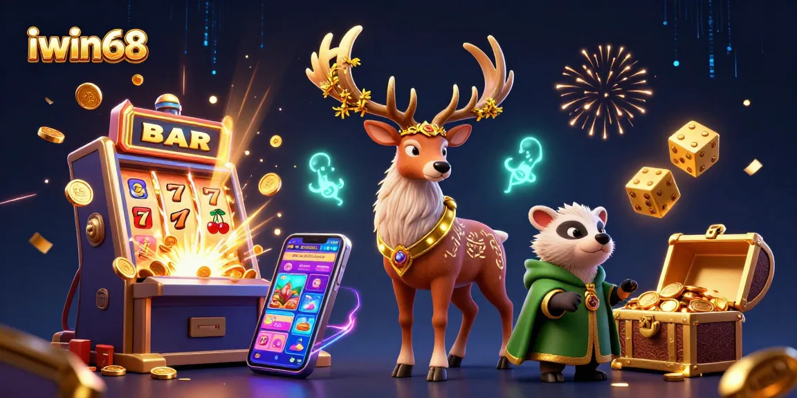 iwin68 captivates players with a vibrant 3D illustration of mystical casino elements and games.