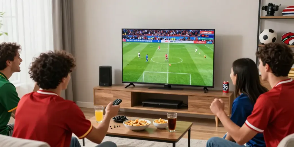 Socolive live football match viewing with friends in a vibrant setting.