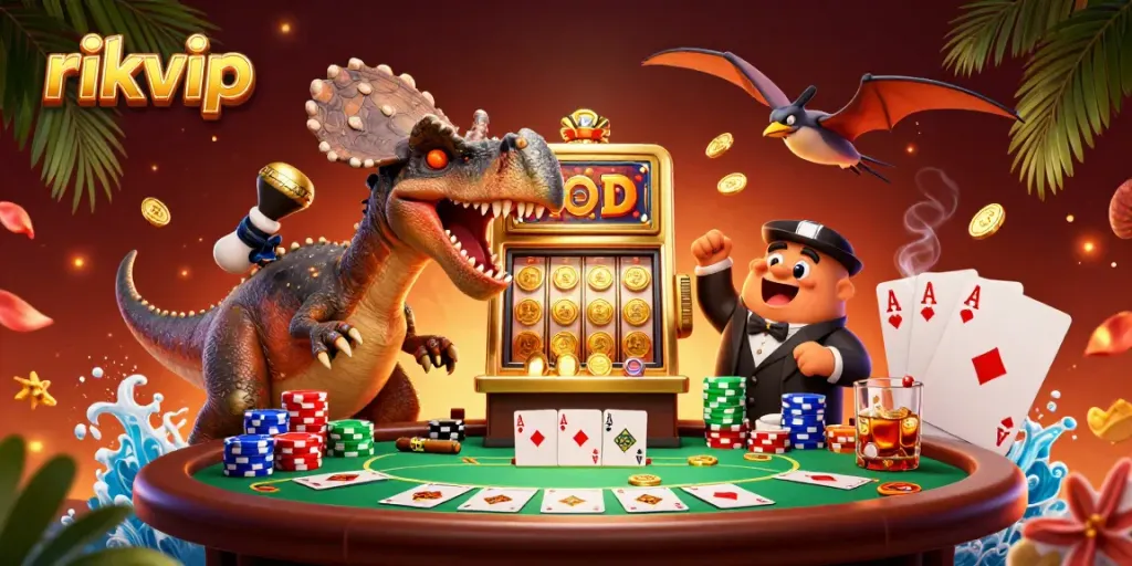 Experience the excitement of rikvip as a pachycephalosaurus hits the jackpot with flying golden coins and dynamic casino elements.