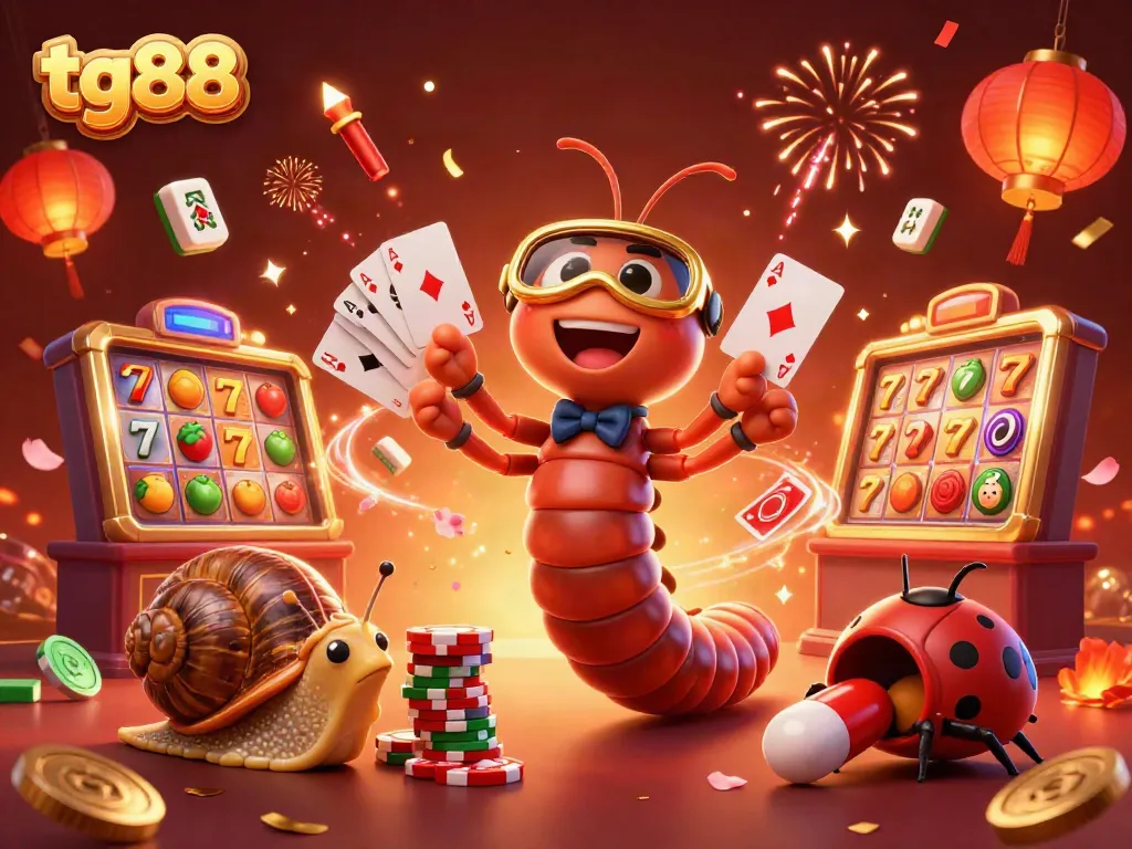 Experience the excitement of tg88 with a vibrant casino scene featuring a cartoon millipede dealer and colorful slot elements.