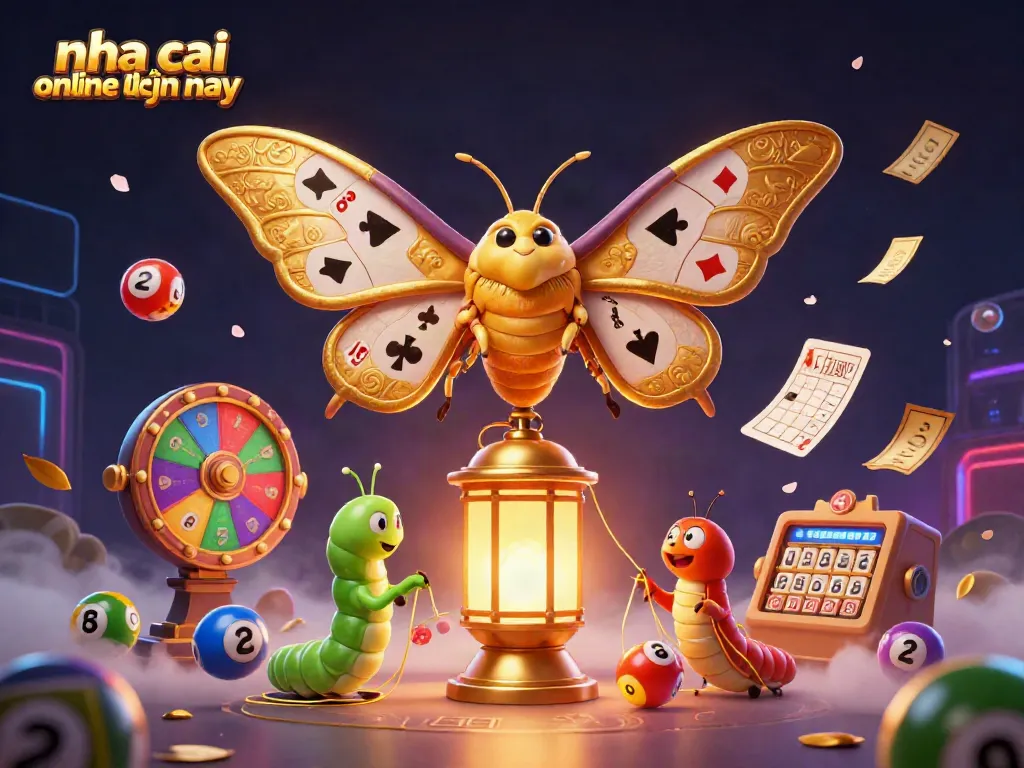 Engaging visual of nha cai online uy tin hiện nay showcasing a dynamic casino scene with a golden lantern, lottery balls, and vibrant game elements.