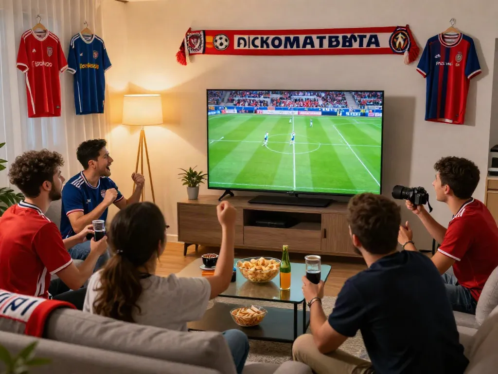 Xoilactv fans enjoying a live football match in HD, vibrant atmosphere with snacks and team jerseys.