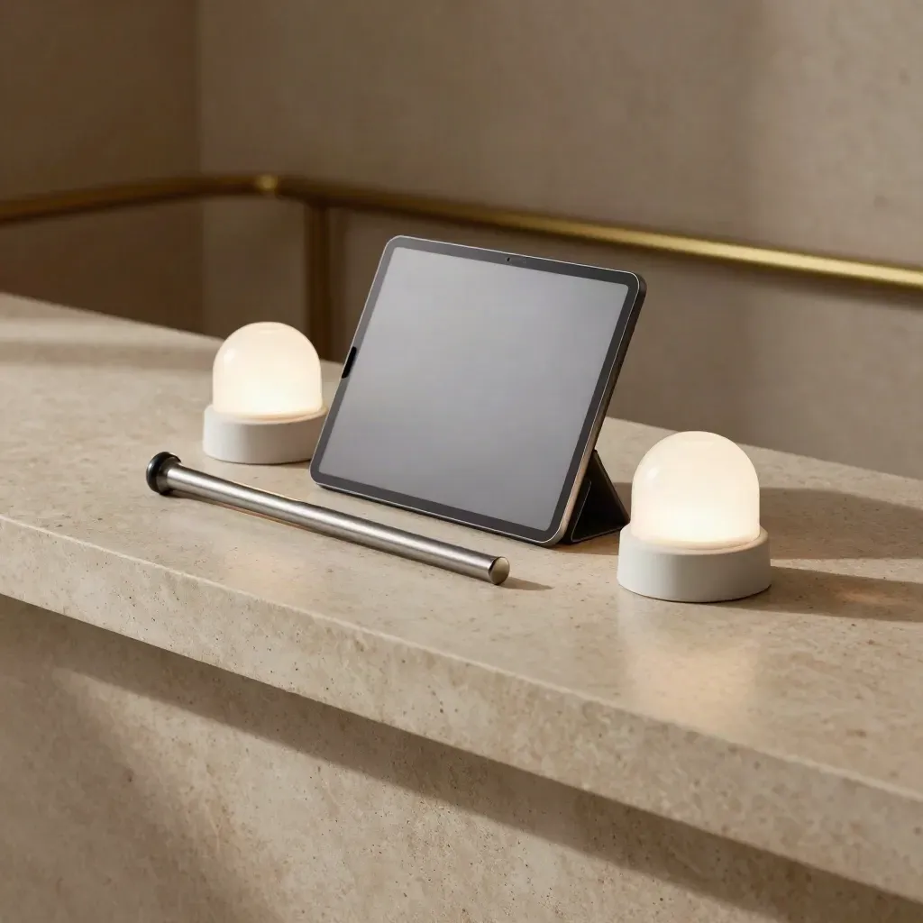 Low-angle hero of a waitlist desk pack on travertine, alert domes glowing beside a slim tablet and baton.