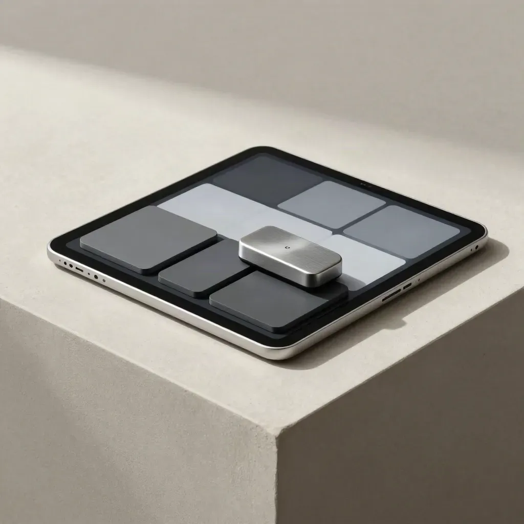 Top-down flatlay of tablet, two tokens and a timer block on pale plaster.