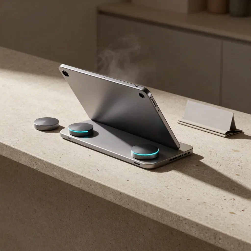 Launch kit on travertine with tablet dock, alert pucks, and soft teal glow in a warm hazy interior.