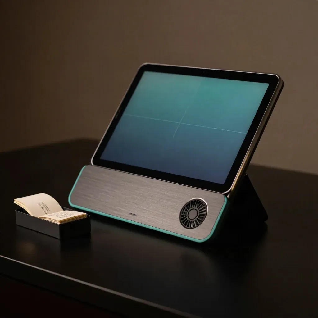 Tablet kiosk with route tiles and ticket tray on a dark studio surface.