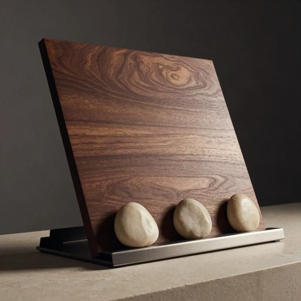 Low product shot of a Counter Hold Board with cream status pebbles on a stone slab.