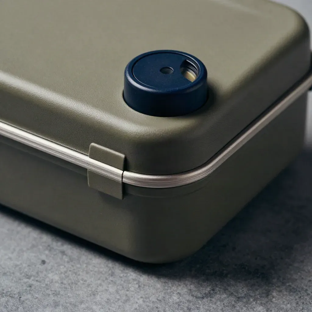 Macro of a reserve box, timer puck and tags on stone with mist
