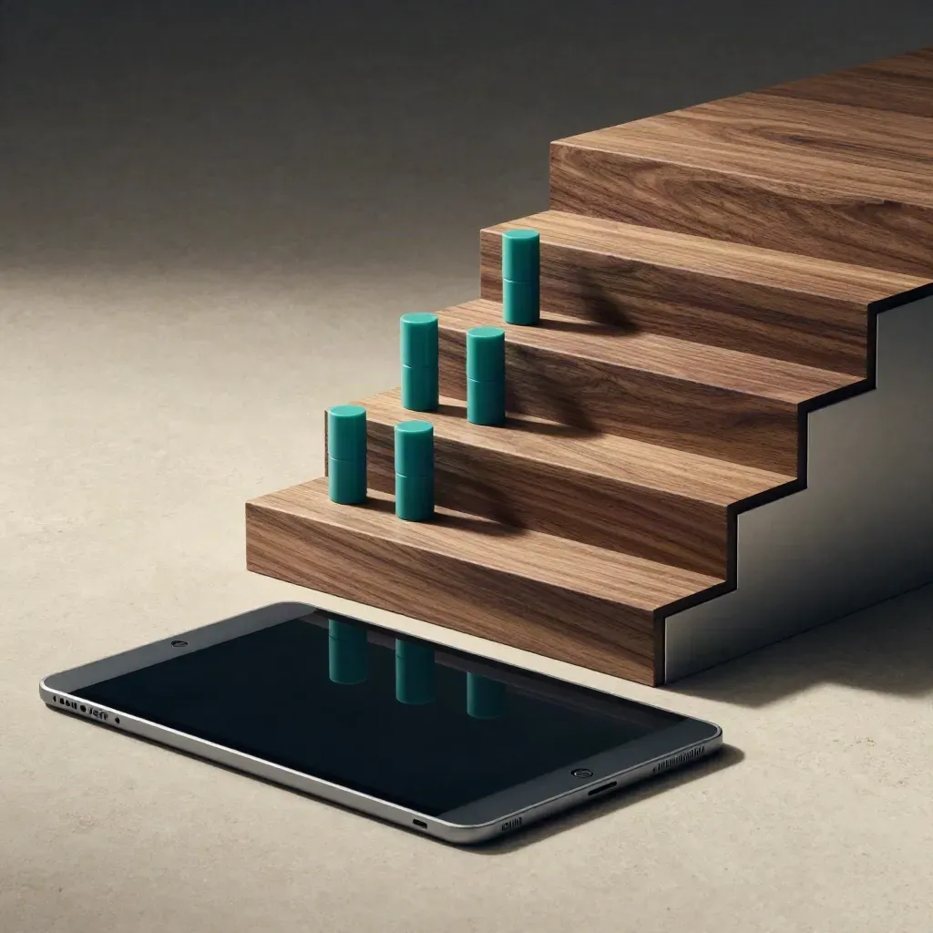 Macro of two tablets, teal pucks and a tiered stand on stone and walnut, lit with raking light.