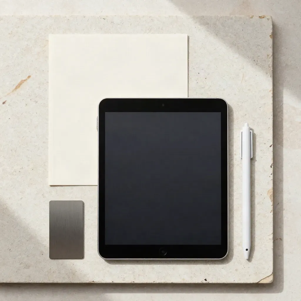 Overhead flatlay of a tablet, routing tile, hold marker and dock on pale stone