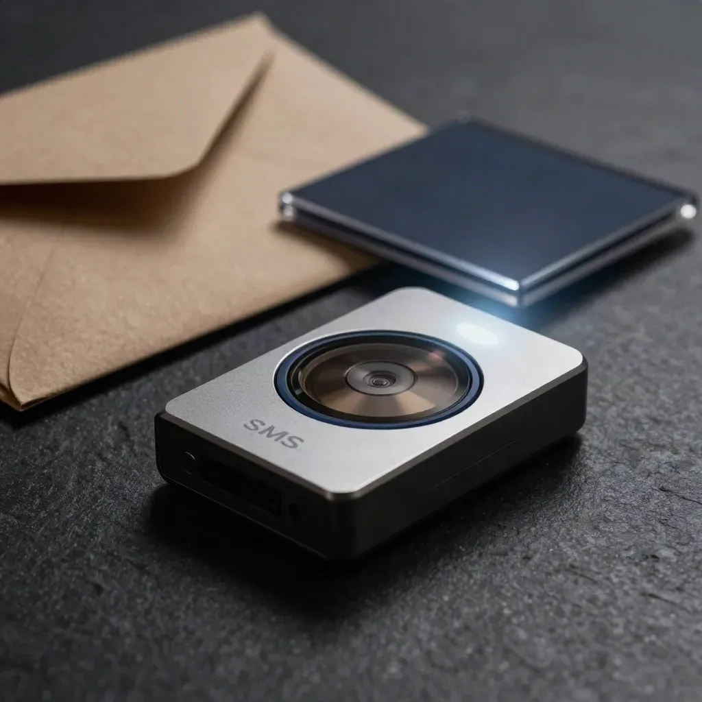 Flashing beacon beside a sealed wrap and card cradle on a dark studio surface.