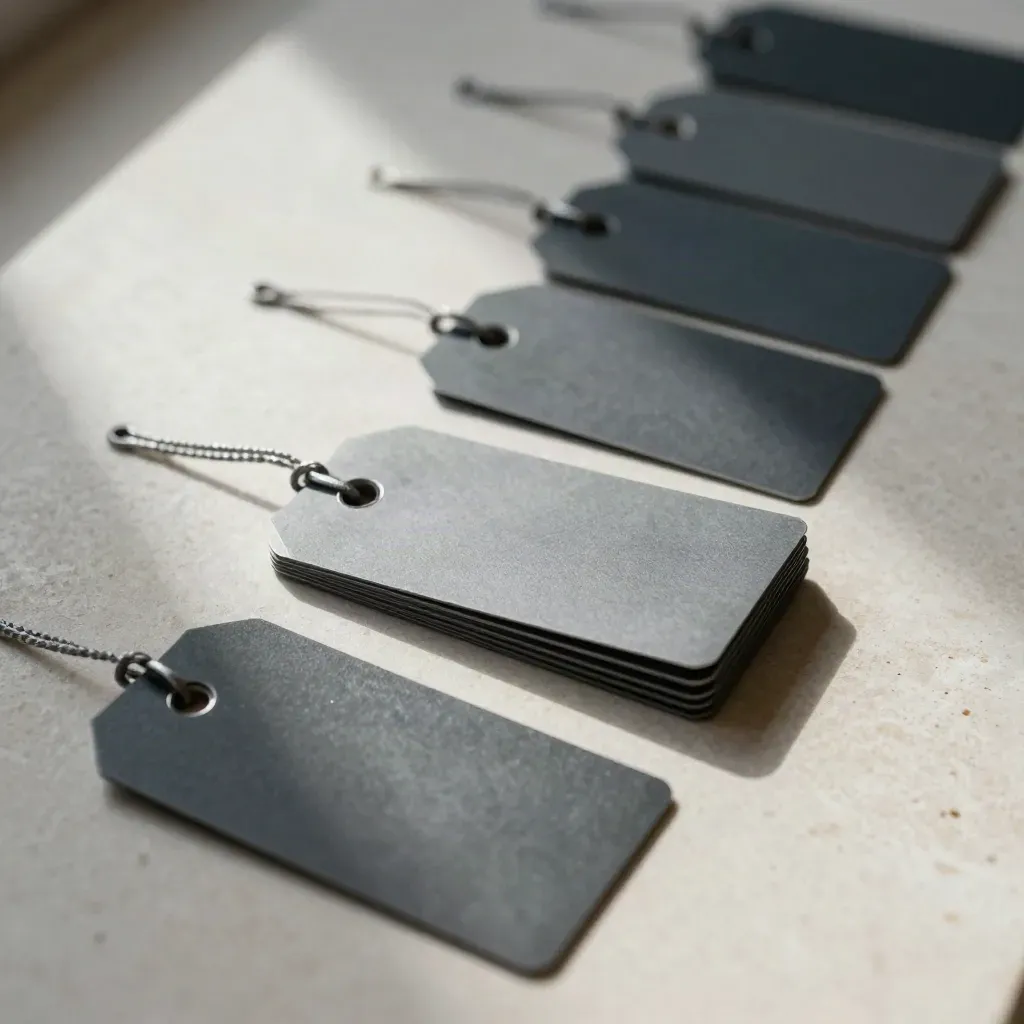 Macro flat lay of linked shift tags and slim cards on pale stone, lit by raking daylight.