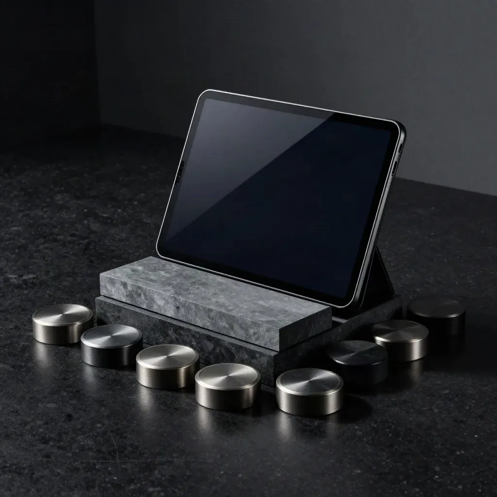 Dark venue ops product cluster with tablet mount, route blocks and alert pucks on matte-black surface.