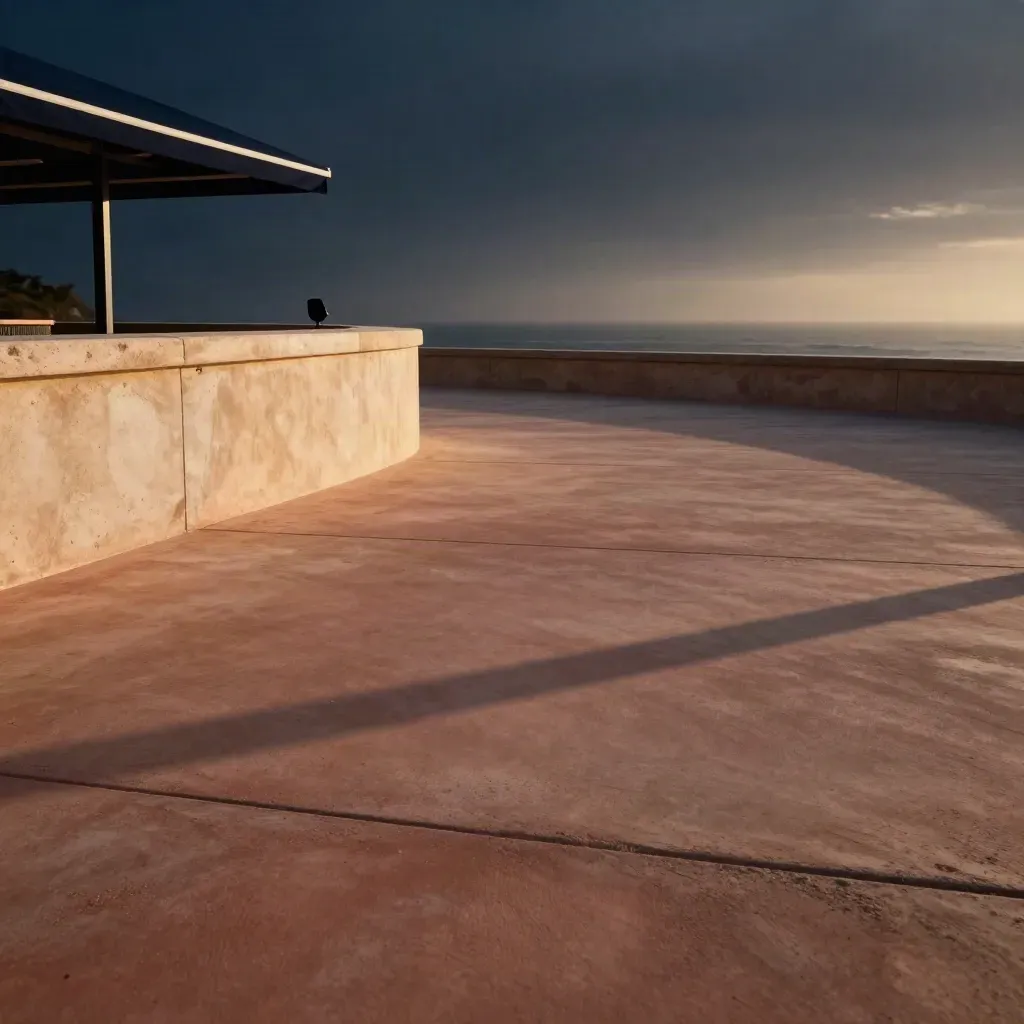 Sunlit concrete terrace by the sea with long shadows and a distant navy awning