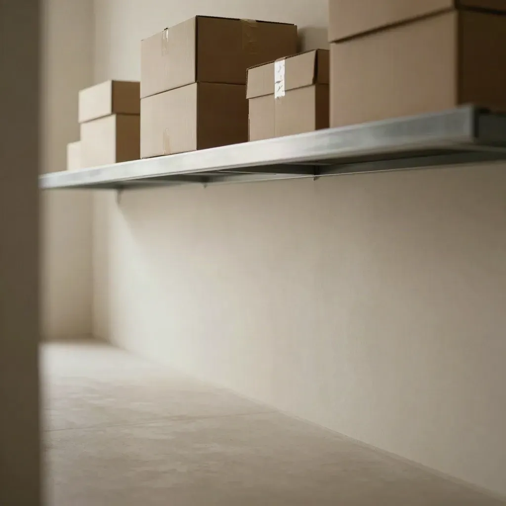 Cream plaster corridor with metal shelf, stacked boxes, and soft morning side light