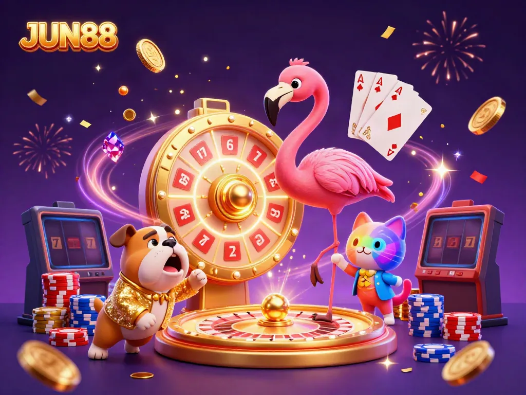 Experience the thrill of JUN88 with a vibrant game show scene featuring a flamingo host and bulldog contestant.