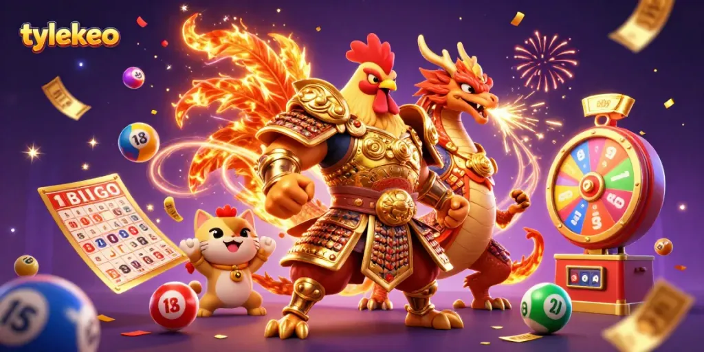 Engaging scene showcasing tylekeo's vibrant gambling spirit with dynamic lottery elements and festive visuals.