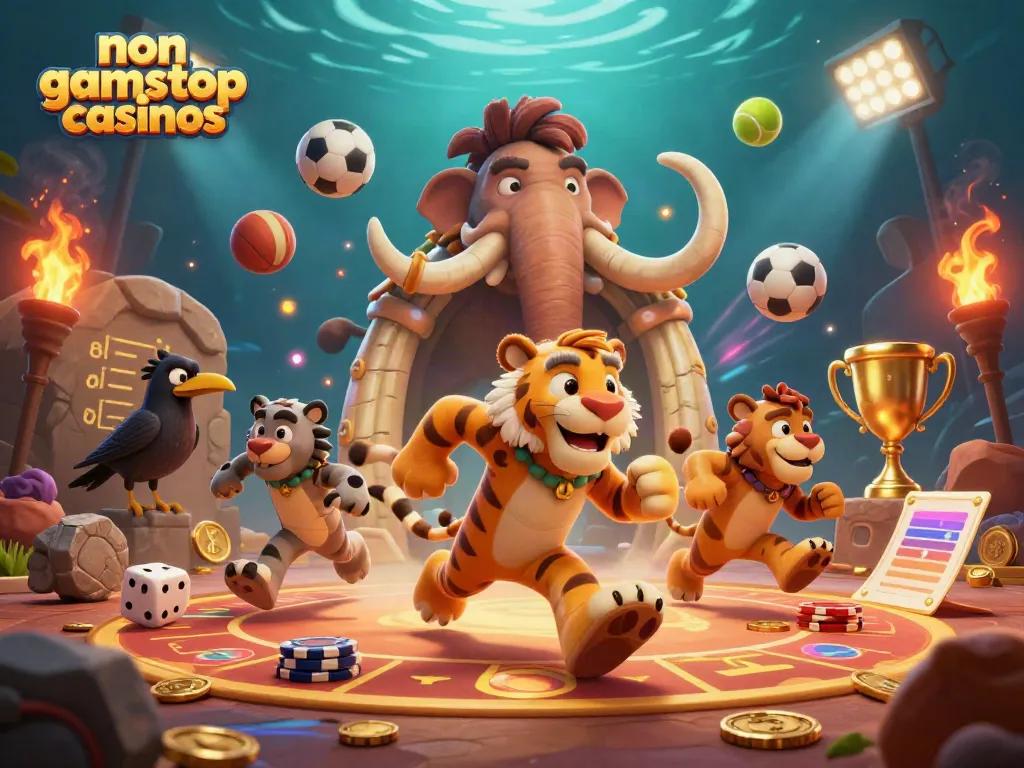 Experience the thrill of non gamstop casinos with prehistoric characters in a vibrant casino scene.