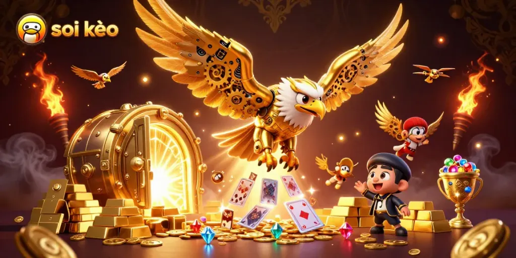 Soi kèo analysis featuring a cybernetic eagle amidst casino treasures and dynamic gaming elements.