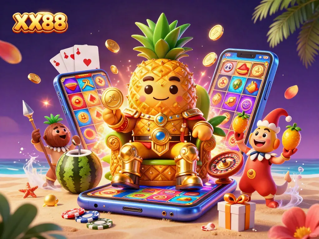 Engage in the vibrant world of XX88 with a golden pineapple king in an epic casino scene.