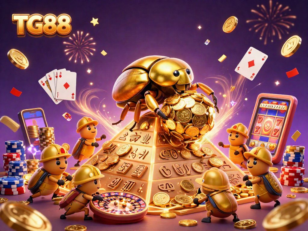 Experience TG88 with lively beetles rolling golden coins and casino elements in a dynamic casino scene.