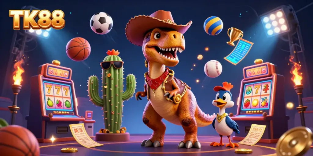 Engage in exhilarating casino gaming with TK88 featuring a lively T-Rex and vibrant game elements.