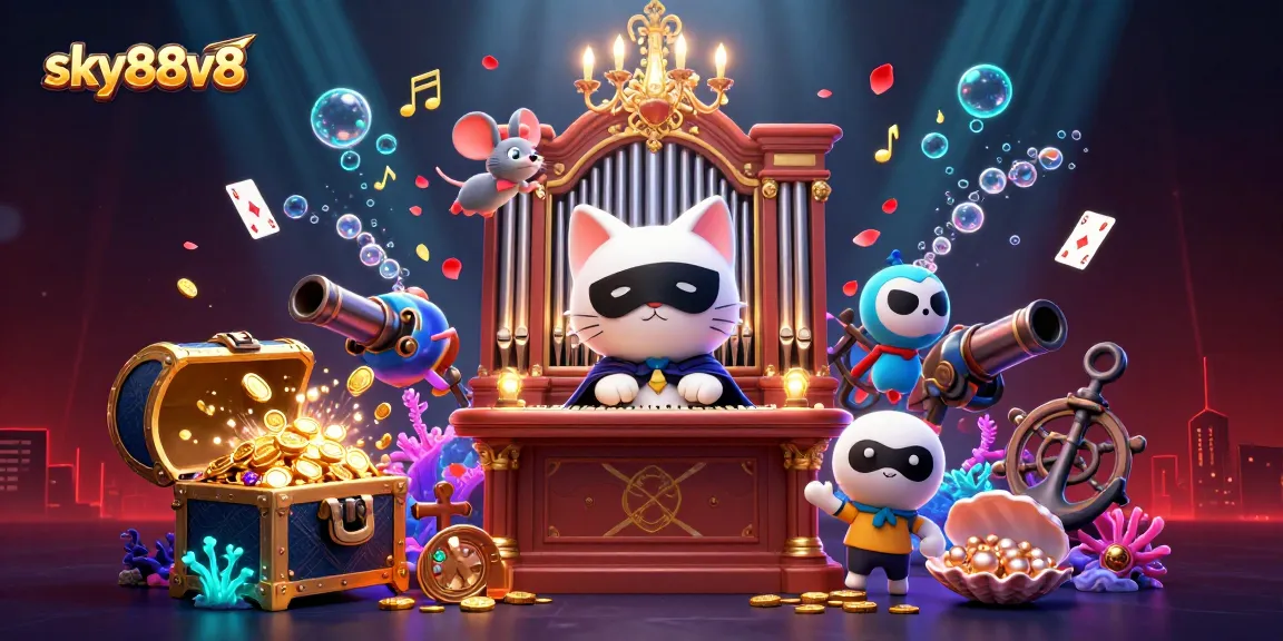 Engage with the vibrant world of sky88v8 as the cat plays organ amidst gold and gems.