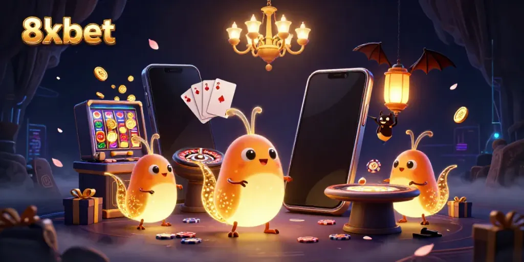 Play casino games like 8xbet in an enchanting cave illuminated by glowworms and a bat dealer.