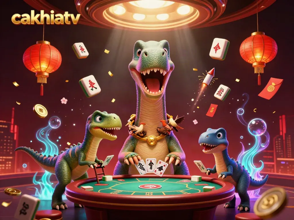 Experience thrilling gameplay with cakhiatv, as a brontosaurus watches a raptor deal cards in a vibrant casino.