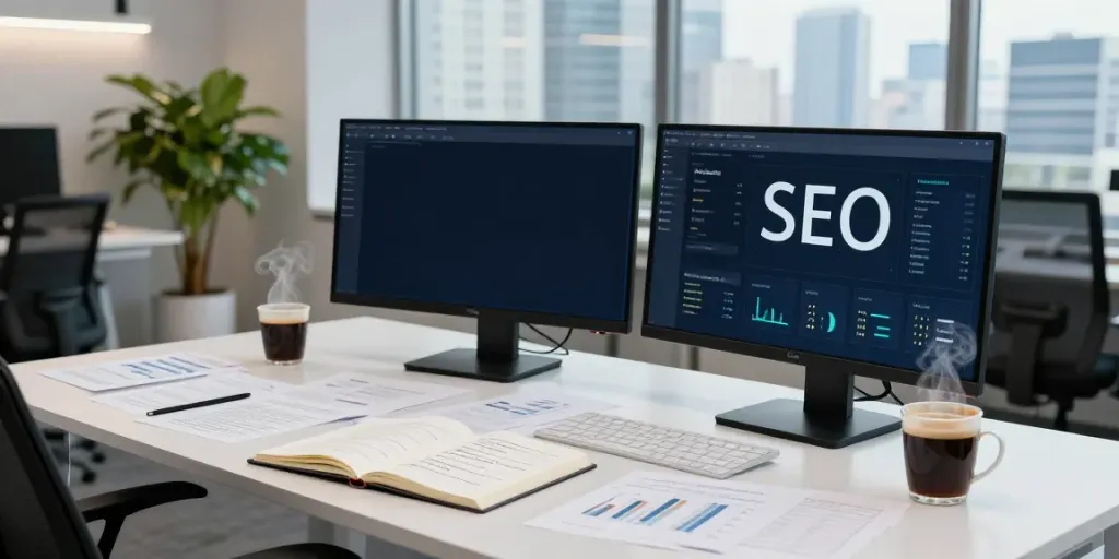 Digital marketer analyzing instant indexing data in a modern office.