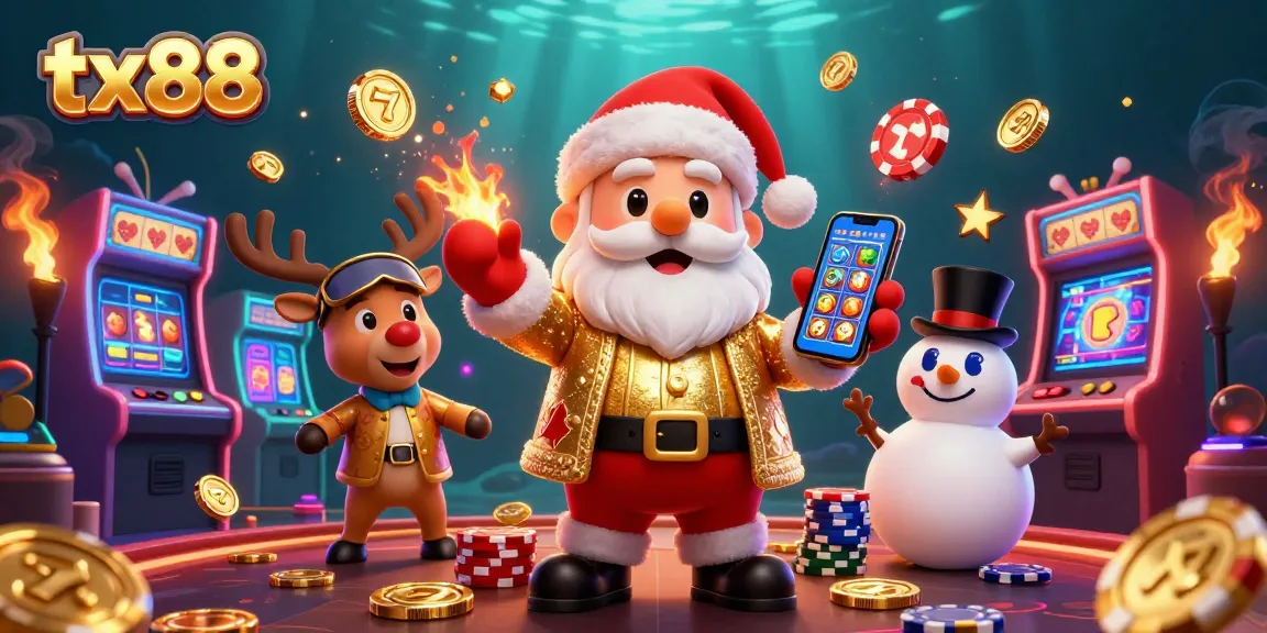 Engage with tx88 as Santa spins jackpot slots in a vibrant casino adventure with colorful characters.