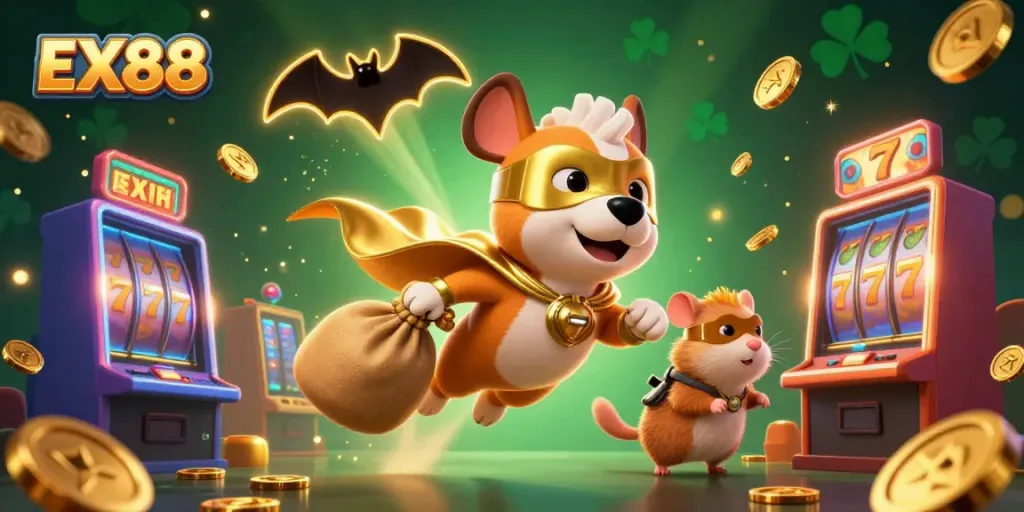Experience thrilling spins with EX88 as a superhero dog and hamster unite in vibrant casino action.
