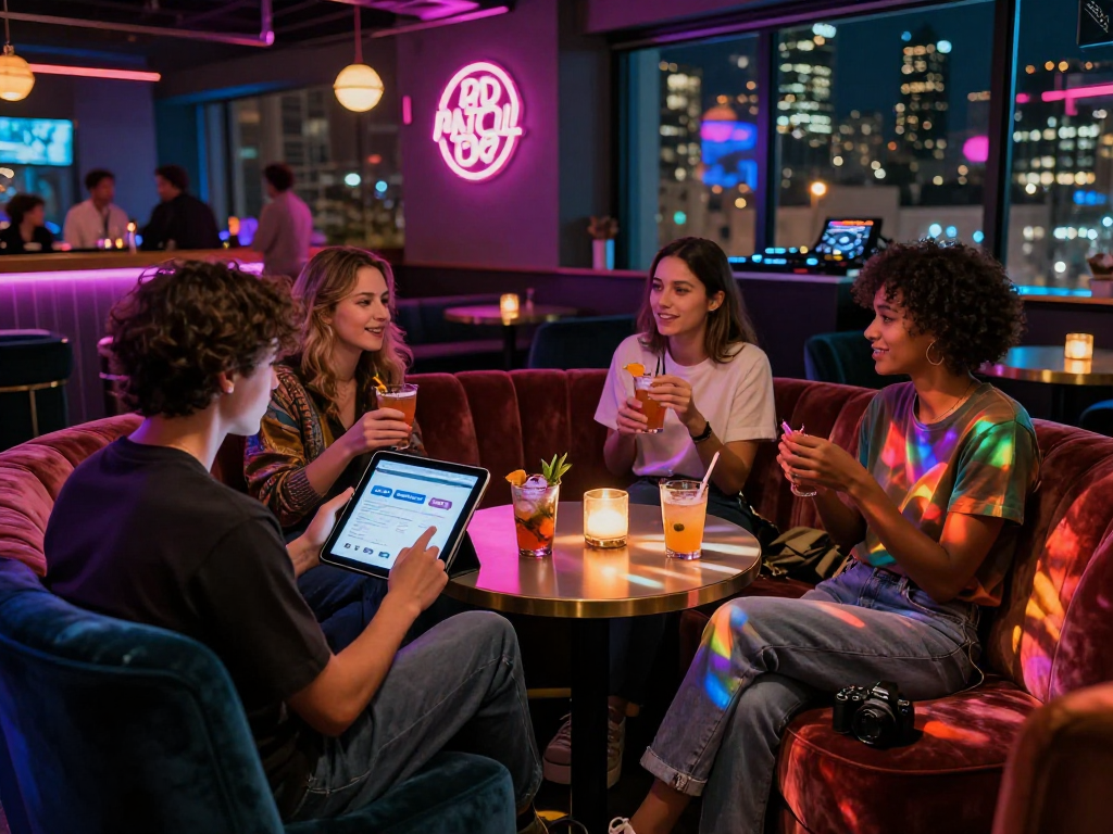 Group of friends exploring nsfw ai applications at a vibrant lounge bar