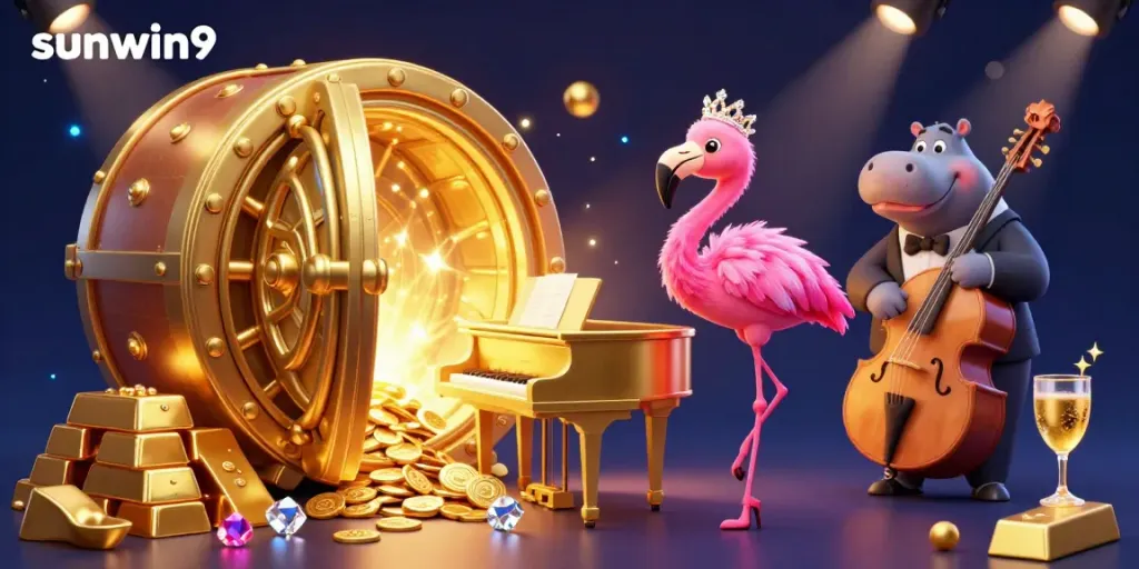 Experience the vibrant energy of sunwin9's casino with a singing flamingo and hippo bassist.