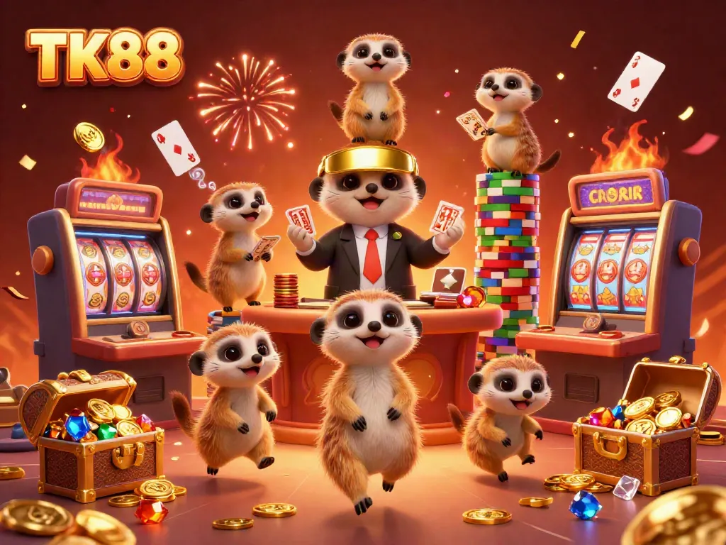 Engage in the dynamic casino world of TK88 with meerkats running games surrounded by vibrant treasure and festive atmosphere.