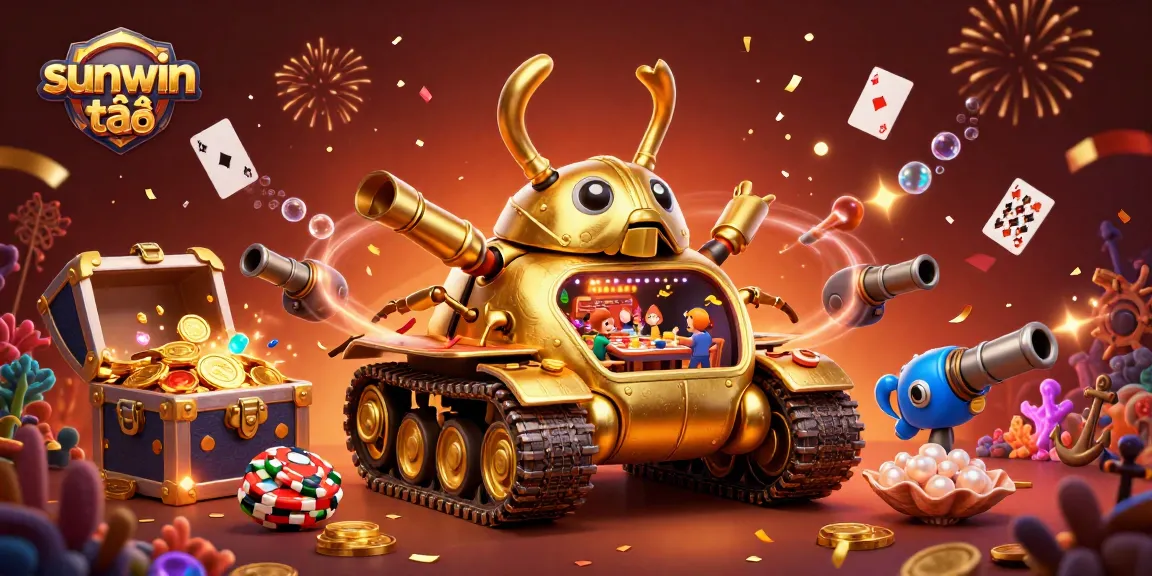 Experience the thrill of sunwin tải with a vibrant 3D casino scene featuring a golden beetle tank and treasures.