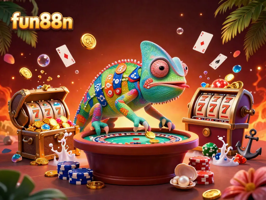 Engage in thrilling gameplay at fun88n with a vibrant chameleon casino owner surrounded by riches and action.