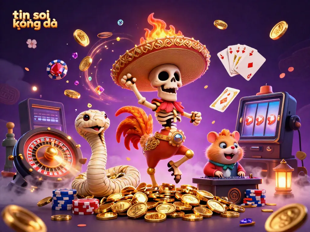 Experience thrilling tin soi kèo bóng đá with a vibrant illustration featuring a mariachi rooster and dynamic casino elements.