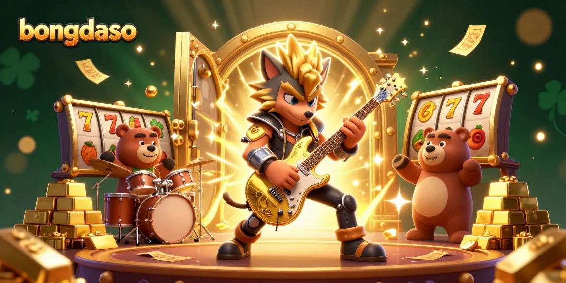 Bongdaso brings thrilling casino excitement as cartoon wolf rock star shreds guitar among vibrant jackpot symbols.
