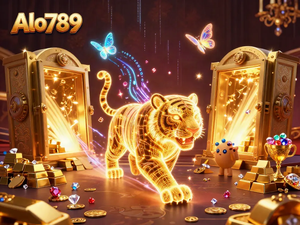 Experience the thrilling Alo789 casino world with a captivating golden tiger and treasures.